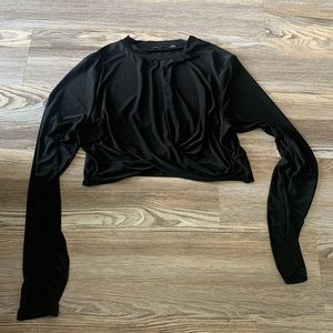Long sleeve silky crop top black (size: XL)